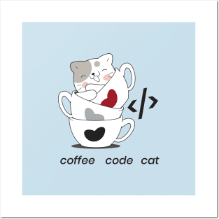 coffee code cat - meow Posters and Art